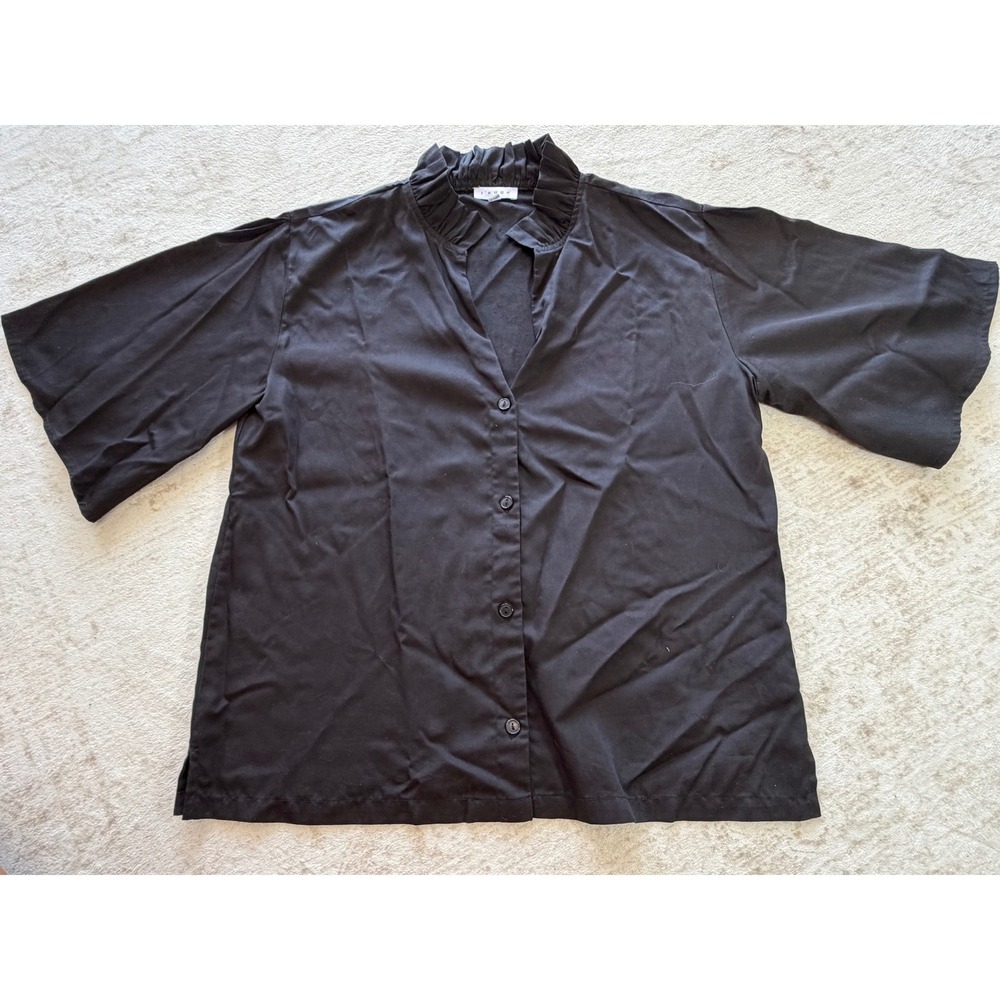 S'edge Black Tencel Ruffle Neck Button Down